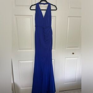 Halter Long Royal Blue Dress, low back, front slit with long train
